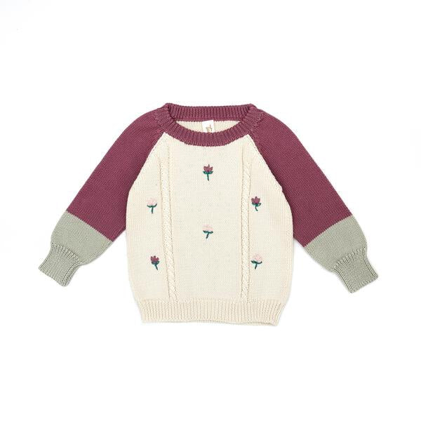 Embroidery Sweater Pima Cotton  Natural & mauve