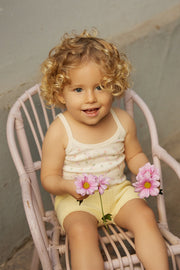 Pointelle tank onesie + Knitted short  pima cotton Natural flowers & baby yellow
