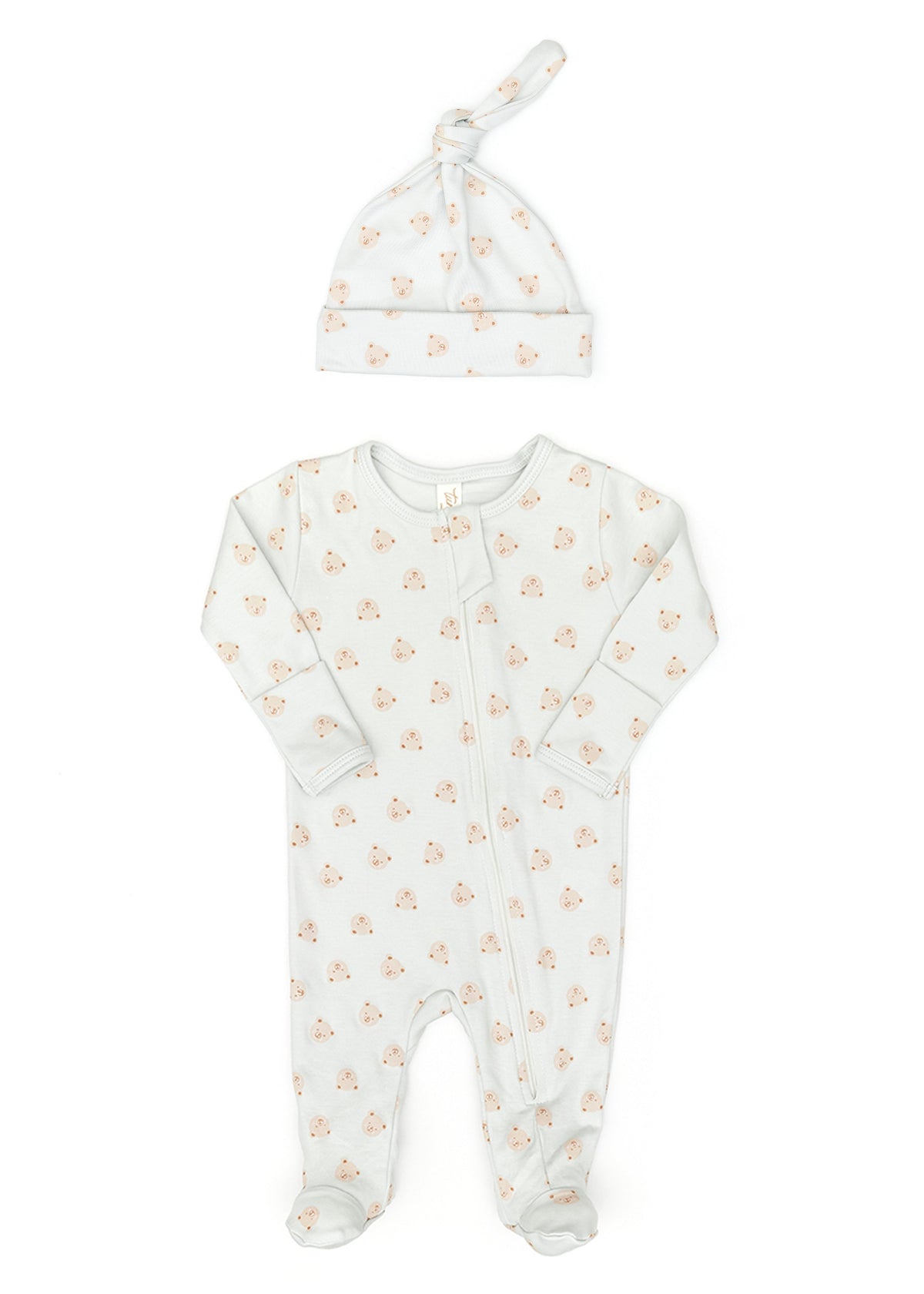 Set Doble way zip footie + Knot hat - Light blue bears - pima cotton