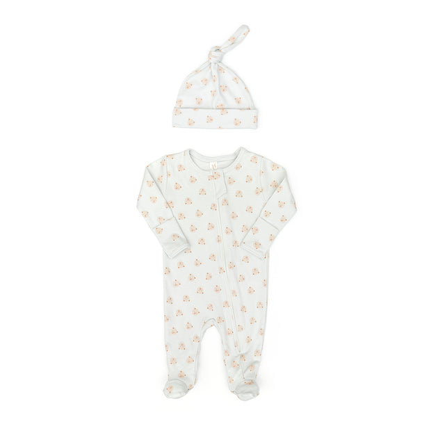 Set Doble way zip footie + Knot hat - Light blue bears - pima cotton