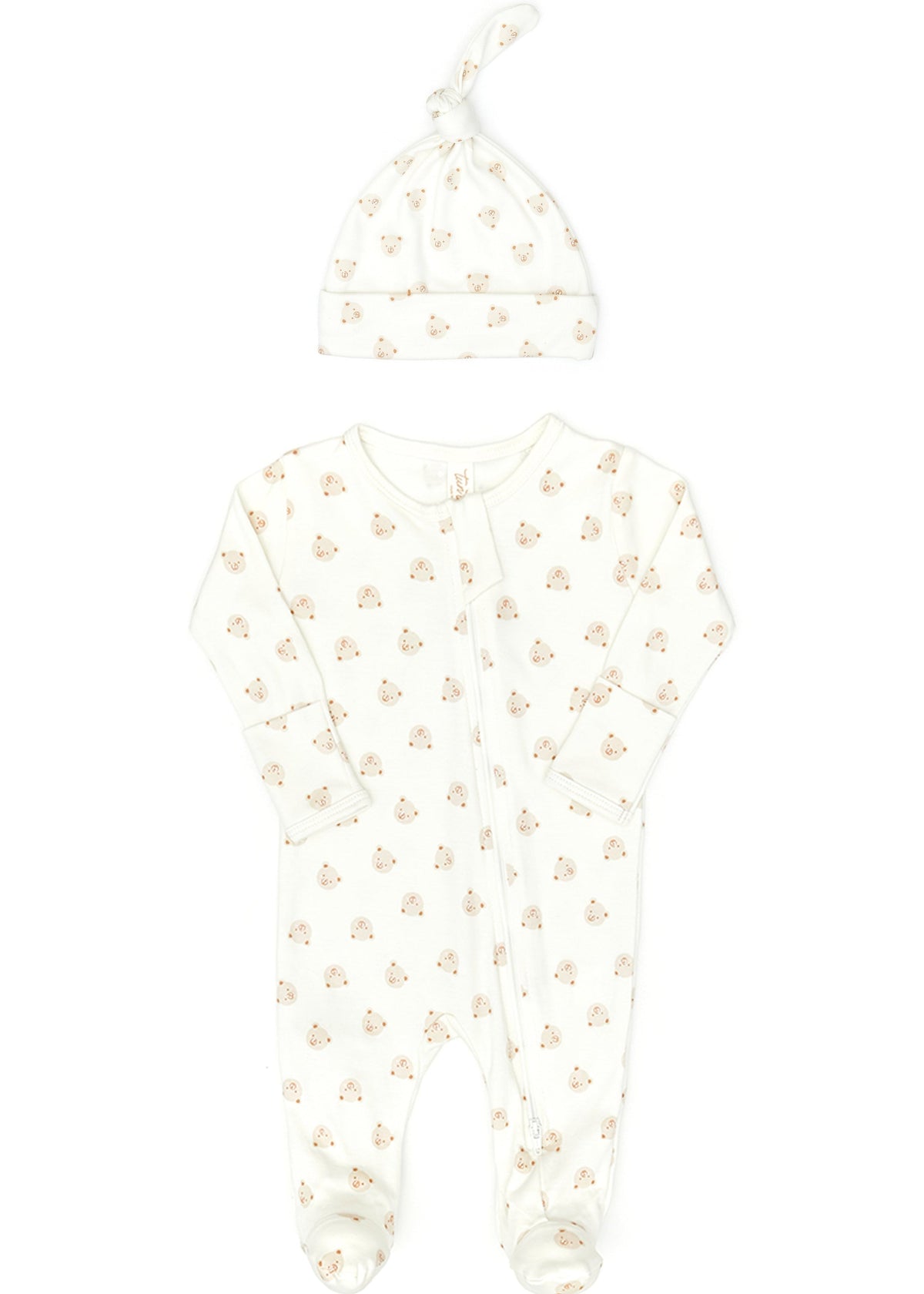 Set Doble way zip footie + Knot hat - Natural bears - pima cotton