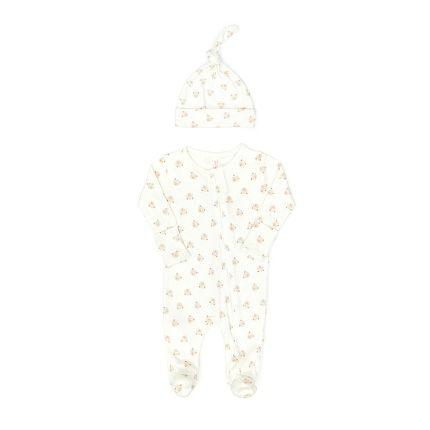 Set Doble way zip footie + Knot hat - Natural bears - pima cotton