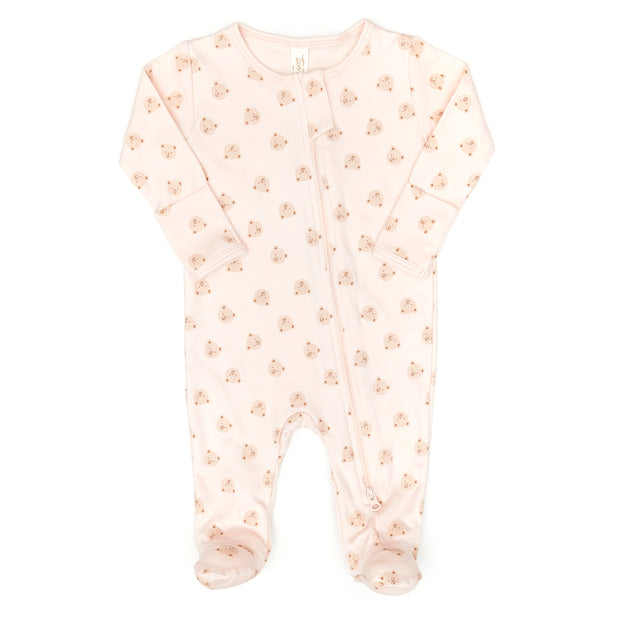 Doble way zip footie - Pink bears - pima cotton