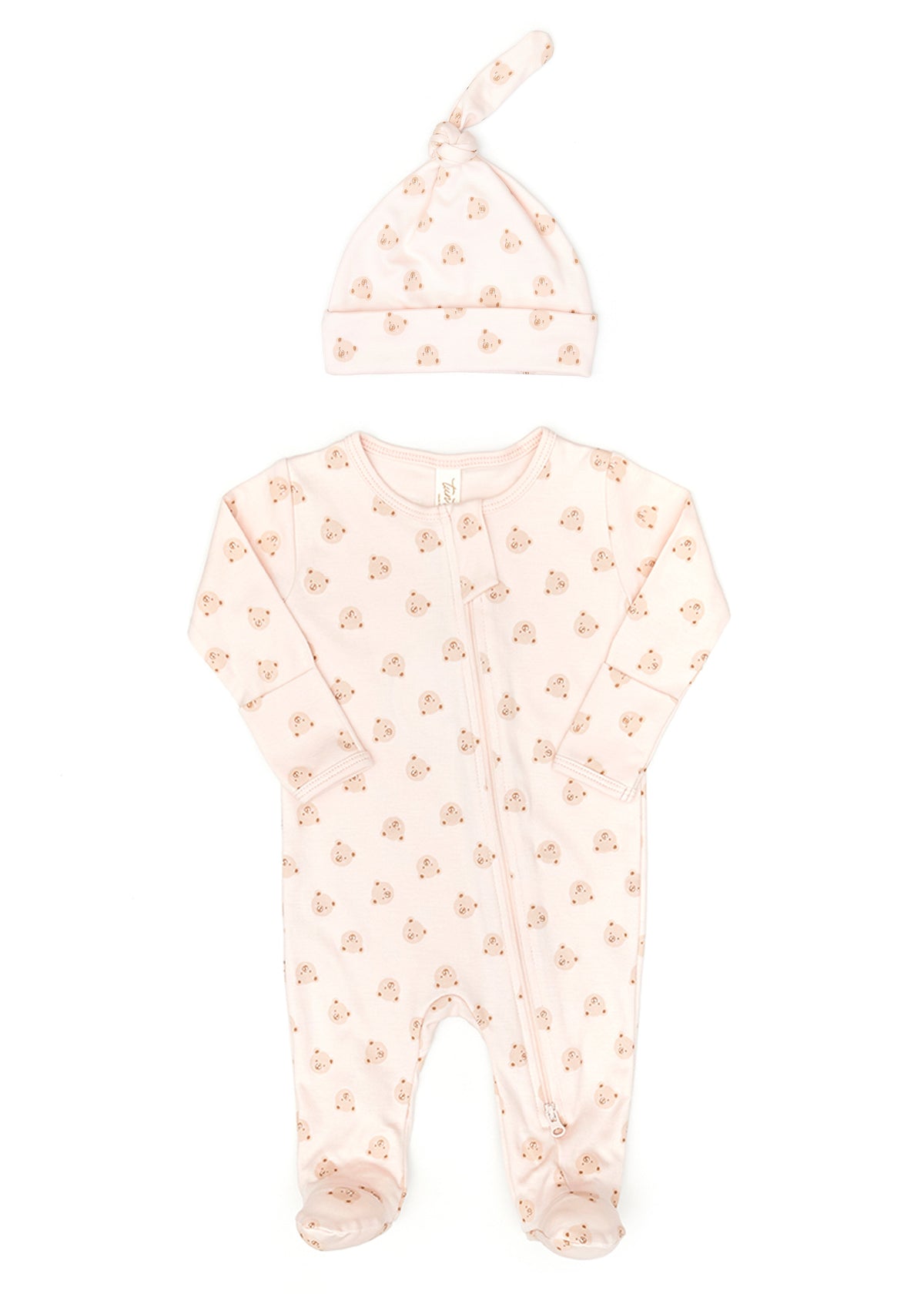 Set Doble way zip footie + Knot hat - Pink bears - pima cotton