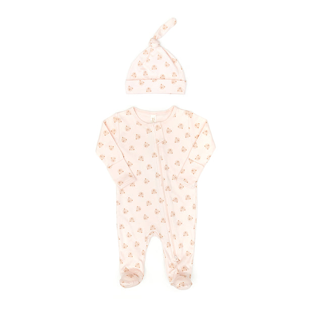 Set Doble way zip footie + Knot hat - Pink bears - pima cotton