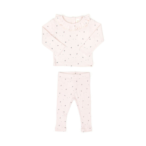 Set Pointelle ruffle top + Pointelle pant - Orchid ice little flowers - cotton