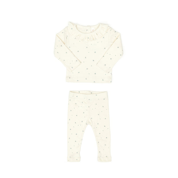 Set Pointelle ruffle top + Pointelle pant - White swan little flowers - cotton