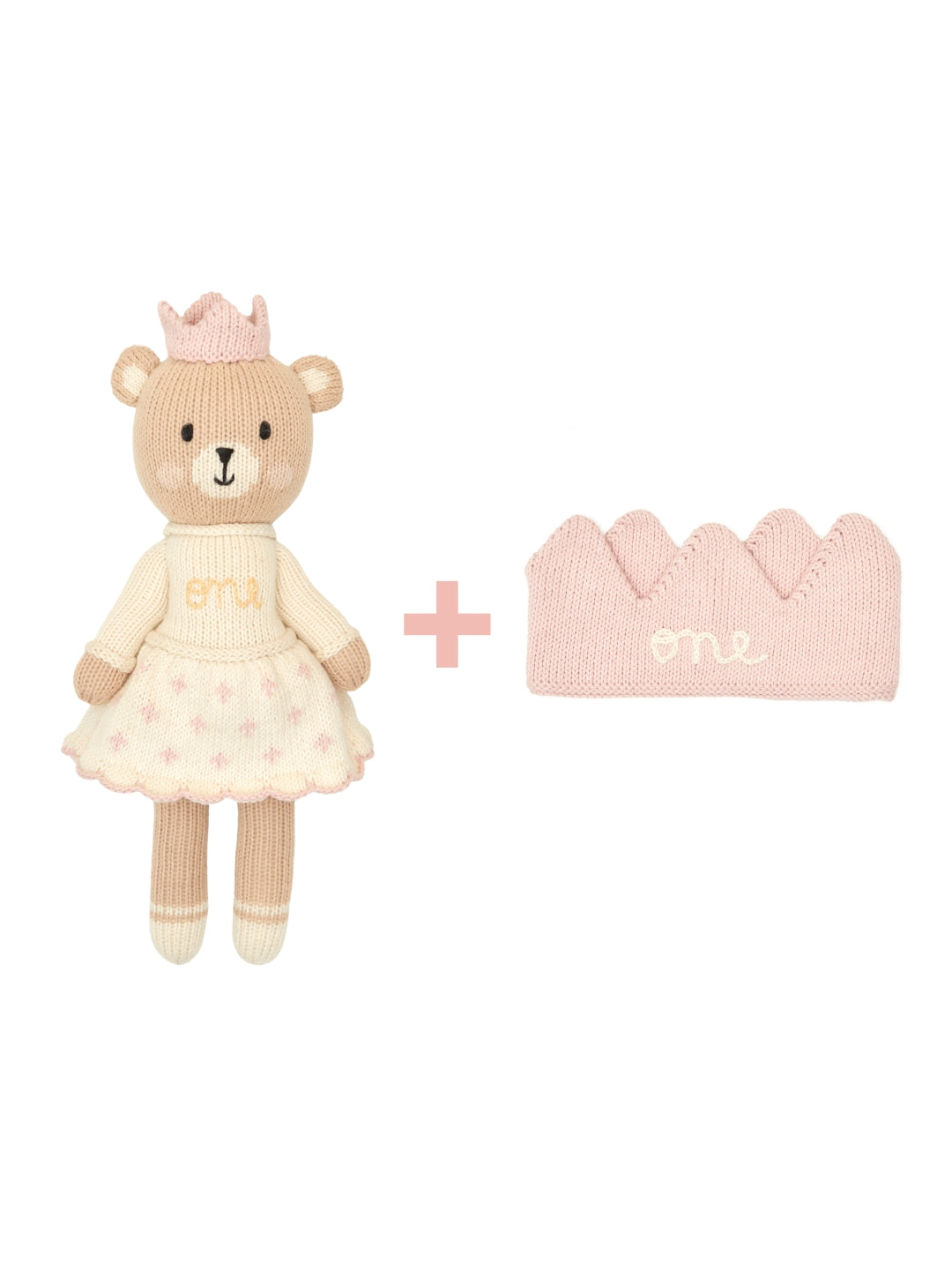 Birthday Duo Emma Bear W/ Crown Natura + Knit Crown Pink
