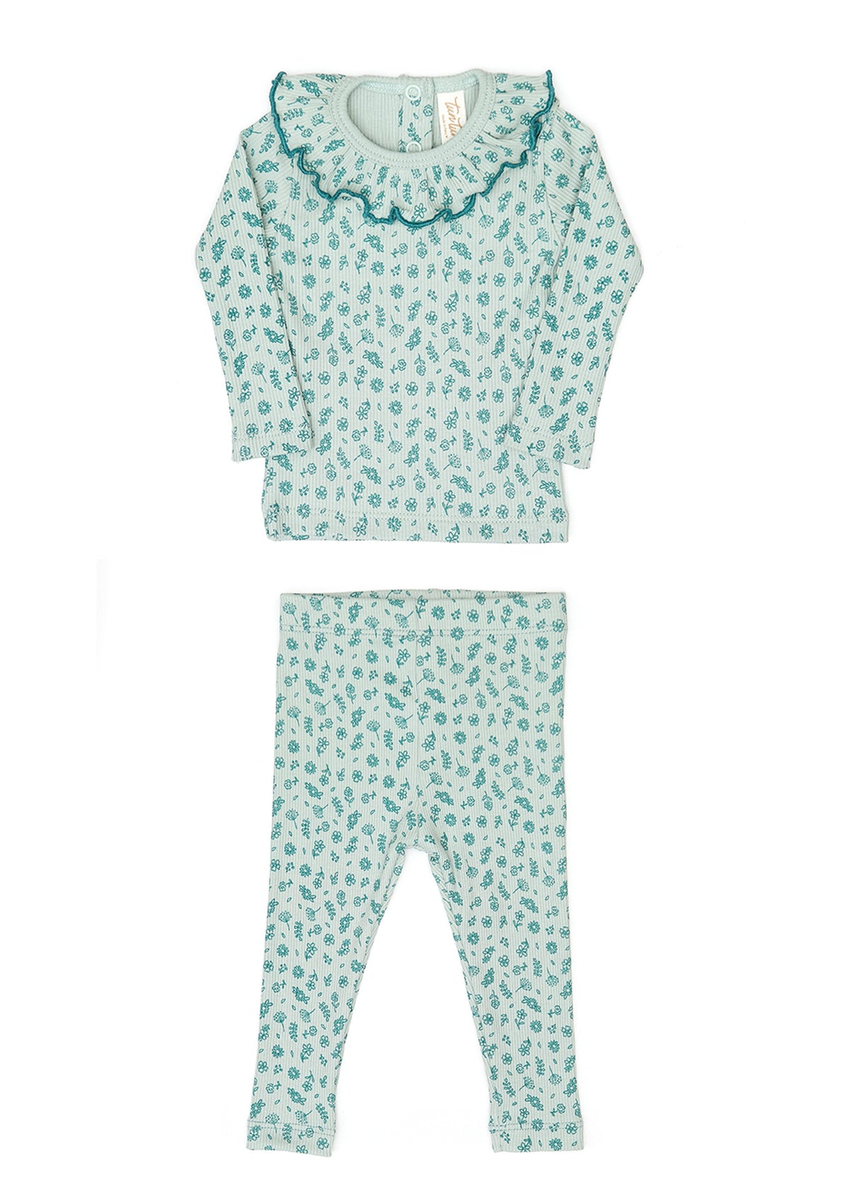 Set Ruffle top + Ribbed pant - Jade flowers - cotton