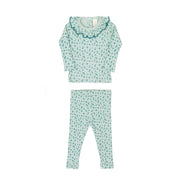 Set Ruffle top + Ribbed pant - Jade flowers - cotton