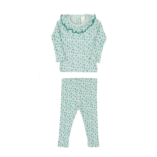 Set Ruffle top + Ribbed pant - Jade flowers - cotton