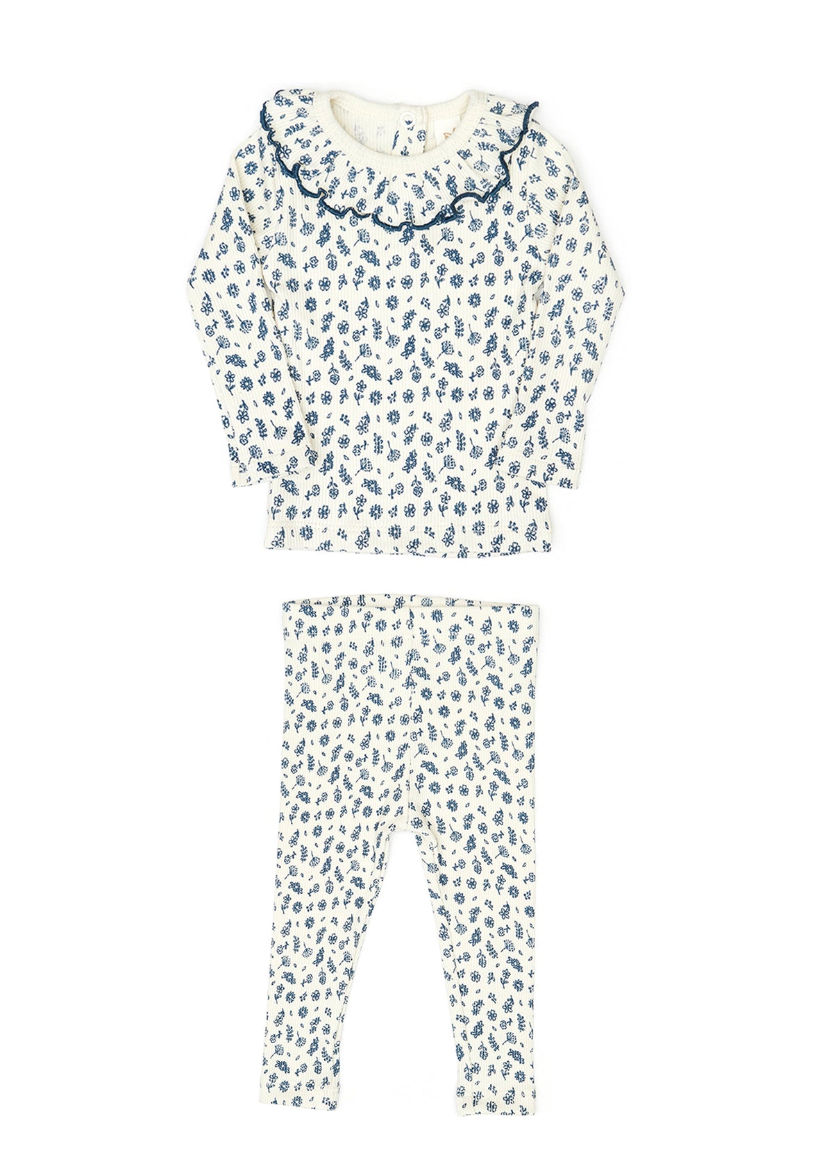 Set Ruffle top + Ribbed pant - Navy flowers - cotton