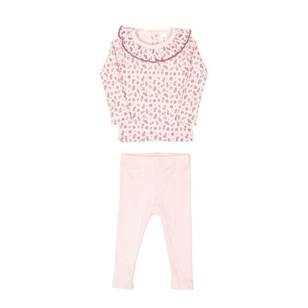 Set Ruffle top Rose flowers + Ribbed pant Rose - cotton