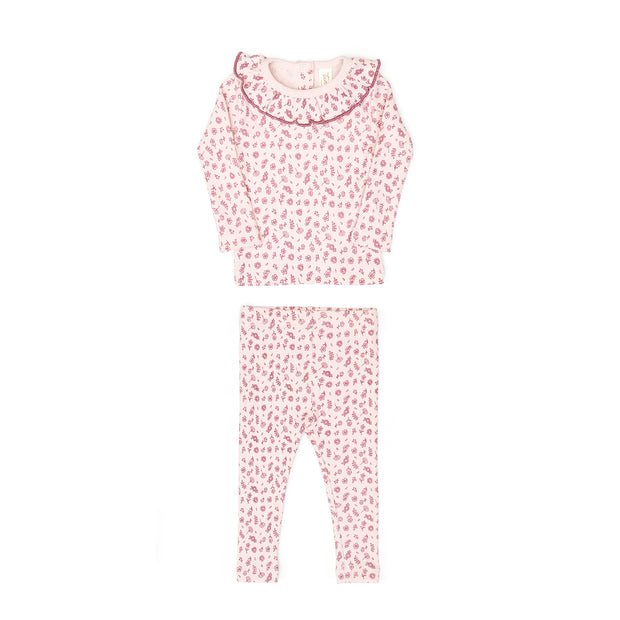Set Ruffle top + Ribbed pant - Rose flowers - cotton