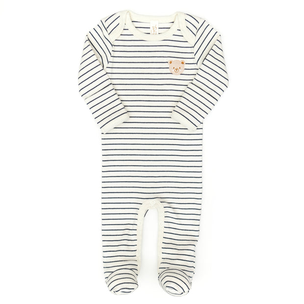 Lap shoulder ribbed footie - Navy stripes - cotton