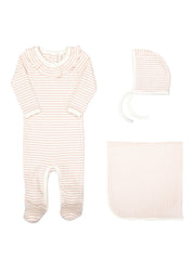 Ruffle Footie + Ribbed Bonnet + Blanket Shell pink stripes