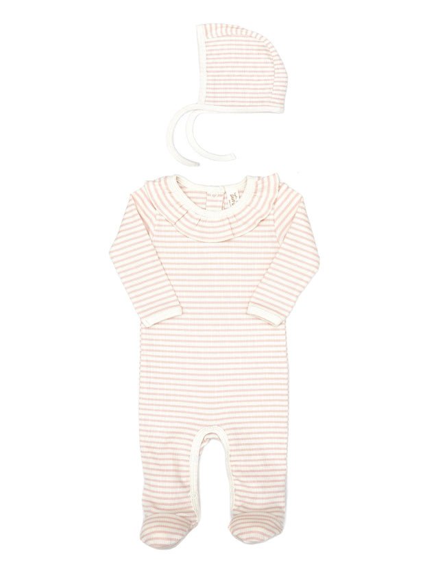 Ruffle Footie + Ribbed Bonnet Shell pink stripes