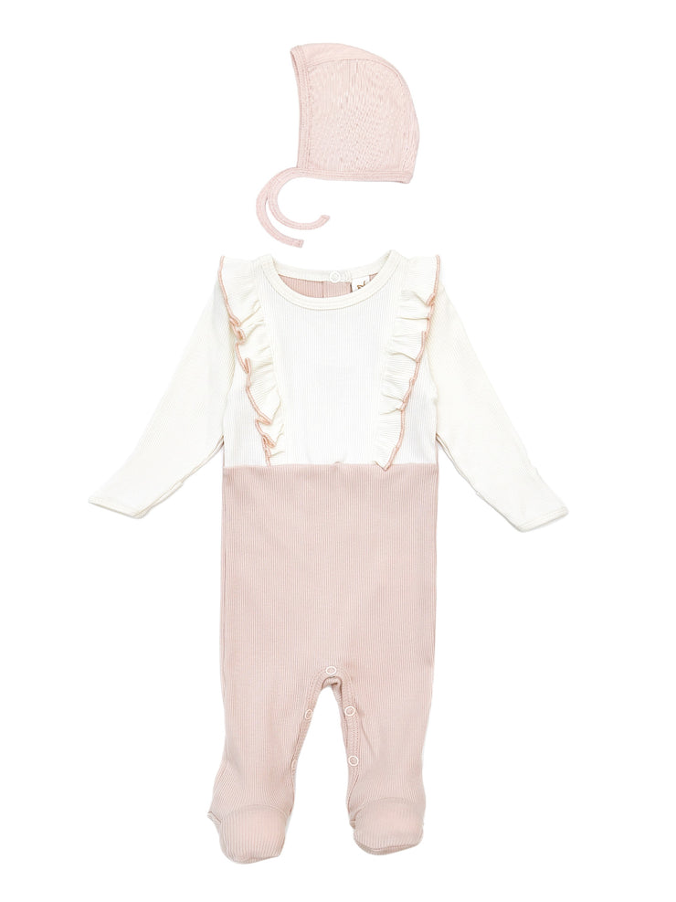 Ciara Romper + Ribbed Bonnet Natural & Shell pink