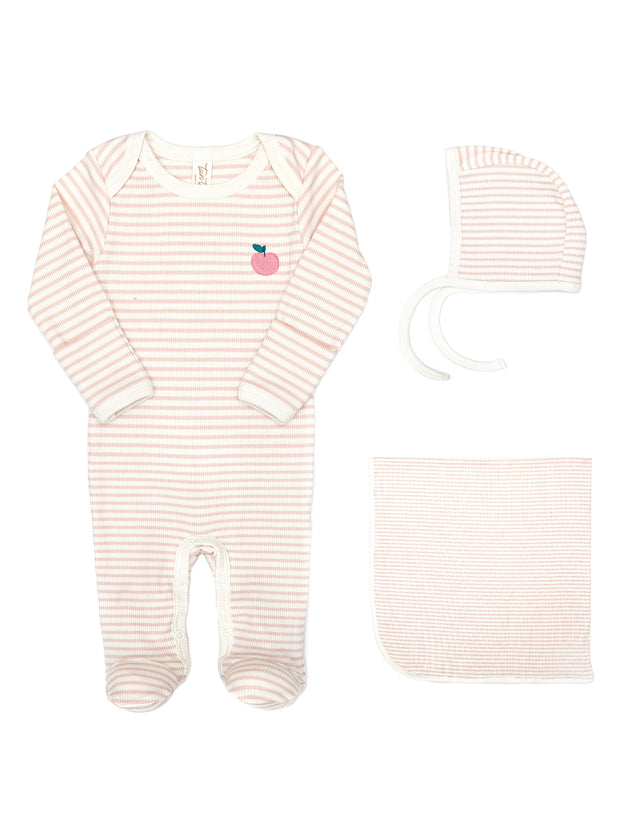 Lap Shoulder Footie + Ribbed Bonnet + Ribbed Blanket Shell pink stripes