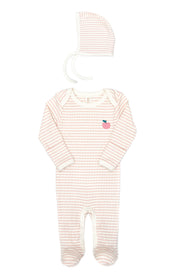 Lap Shoulder Footie + Ribbed Bonnet Shell pink stripes