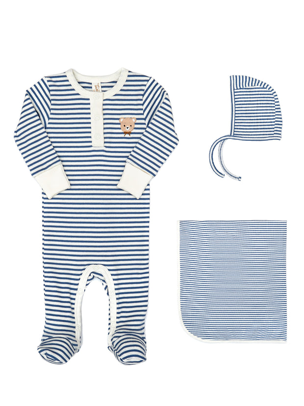 Henley Footie + Ribbed Bonnet + Ribbed Blanket Blue stripes