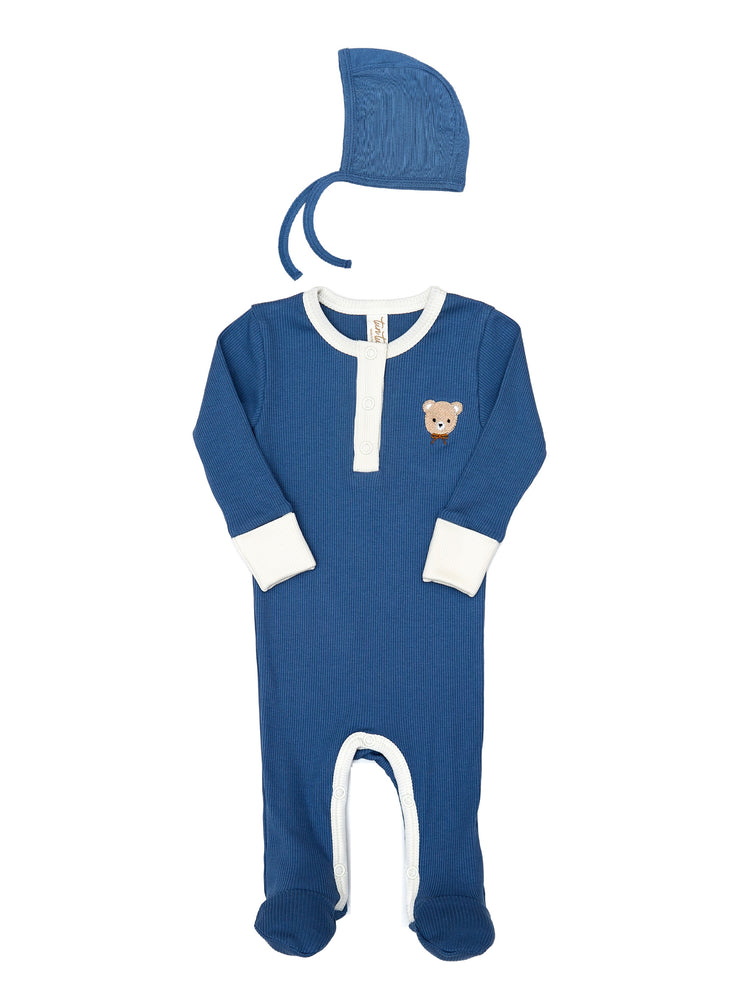 Henley Footie + Ribbed Bonnet Blue