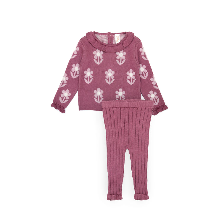 Flower sweater Set + Knitted leggins Pima Cotton Pink