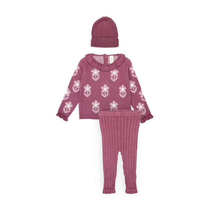 Flower sweater Set + Knitted leggins + knitted beanie Pima Cotton Pink