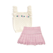 Embroidered Top + Knitted Skirt pima cotton Natural & Fondant pink marl