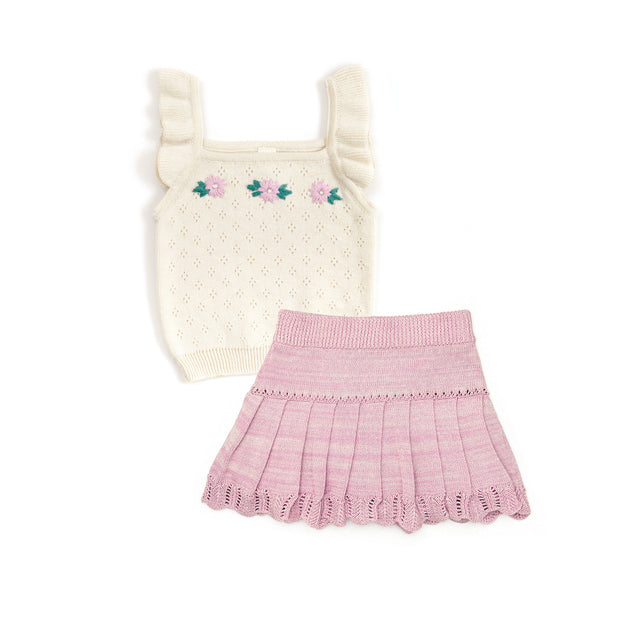 Embroidered Top + Knitted Skirt Natural & Fondant pink marl