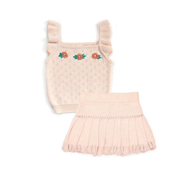 Embroidered Top + Knitted Skirt  pima cotton Baby pink