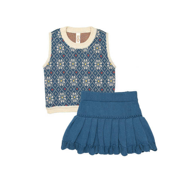 Flower Knitted Top + Knitted Skirt Blue