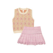Flower Knitted Top + Knitted Skirt pima cotton Natural & Fondant pink marl