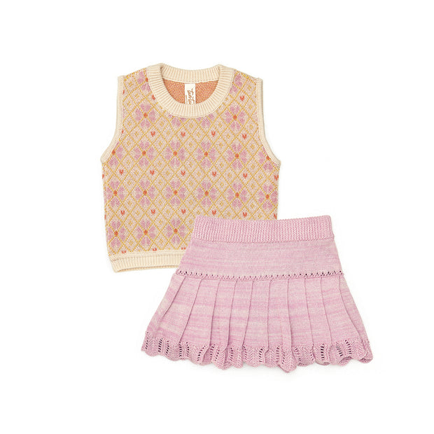 Flower Knitted Top + Knitted Skirt Natural & Fondant pink marl