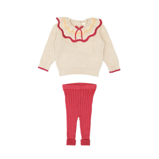 Set Multicolor Ruffle Sweater Oatmel + Leggins Red - pima cotton