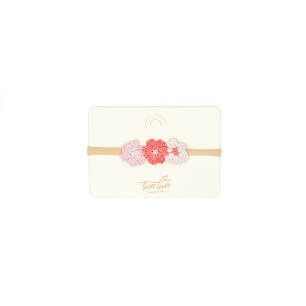 3 Flower Headband - Rose & cameo pink & red - pima cotton