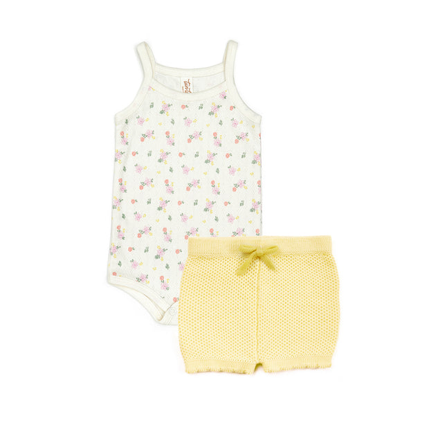 Pointelle tank onesie + Knitted short Natural flowers & baby yellow