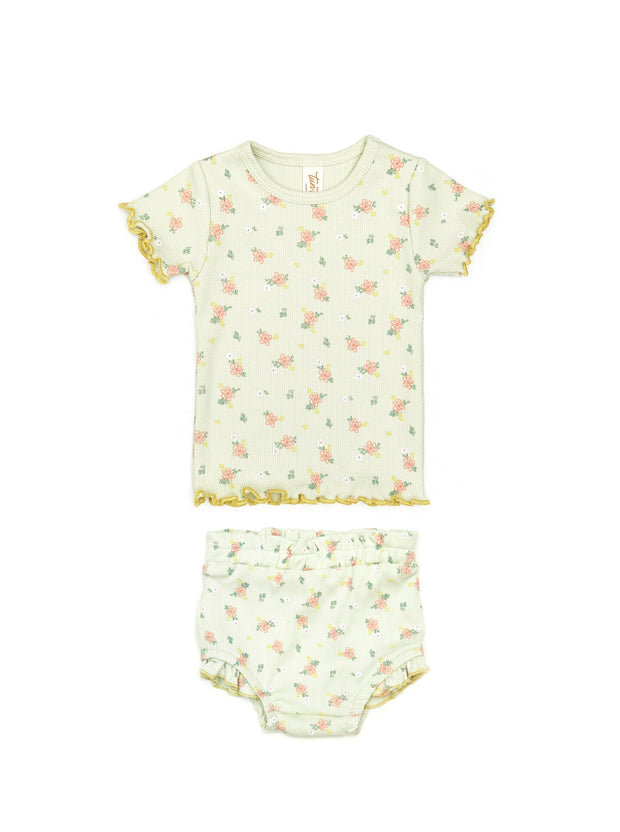 Set Mia Top + Ribbed Bloomer Light Green Flowers