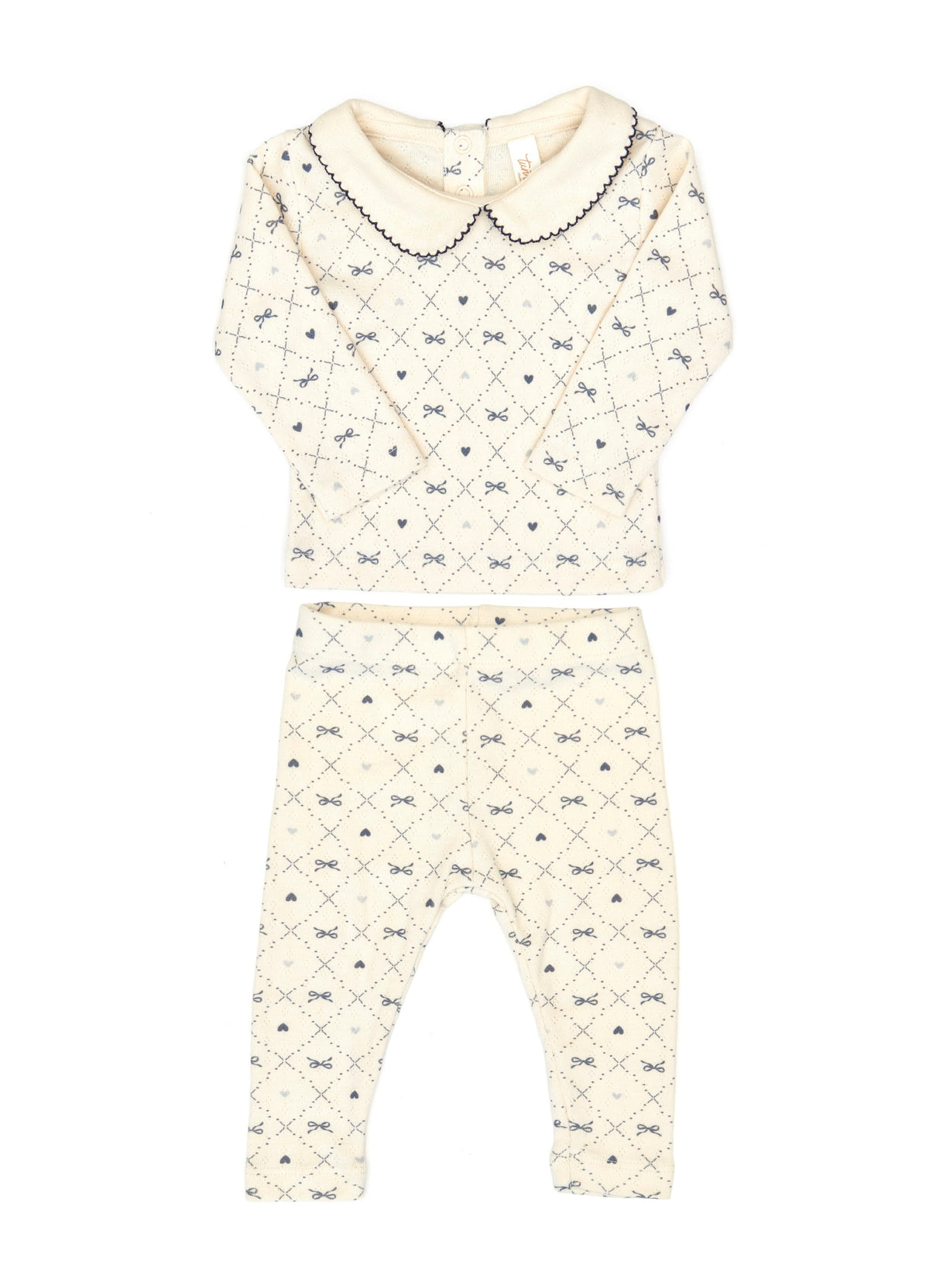 Set 2 pcs Emma top + Pointelle pant White swan navy blue bows - cotton