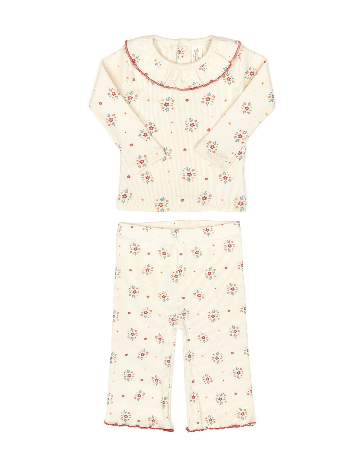 Set 2pcs Ruffle top + Flare ribbed pant White swan red flowers - ribbed cotton