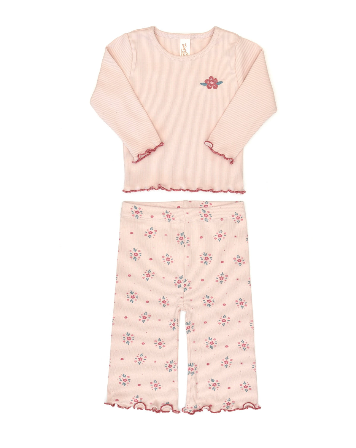 Set 2 pcs Jazmine top Shell pink + Flare ribbed pant Shell pink raspberry flowers - ribbed cotton