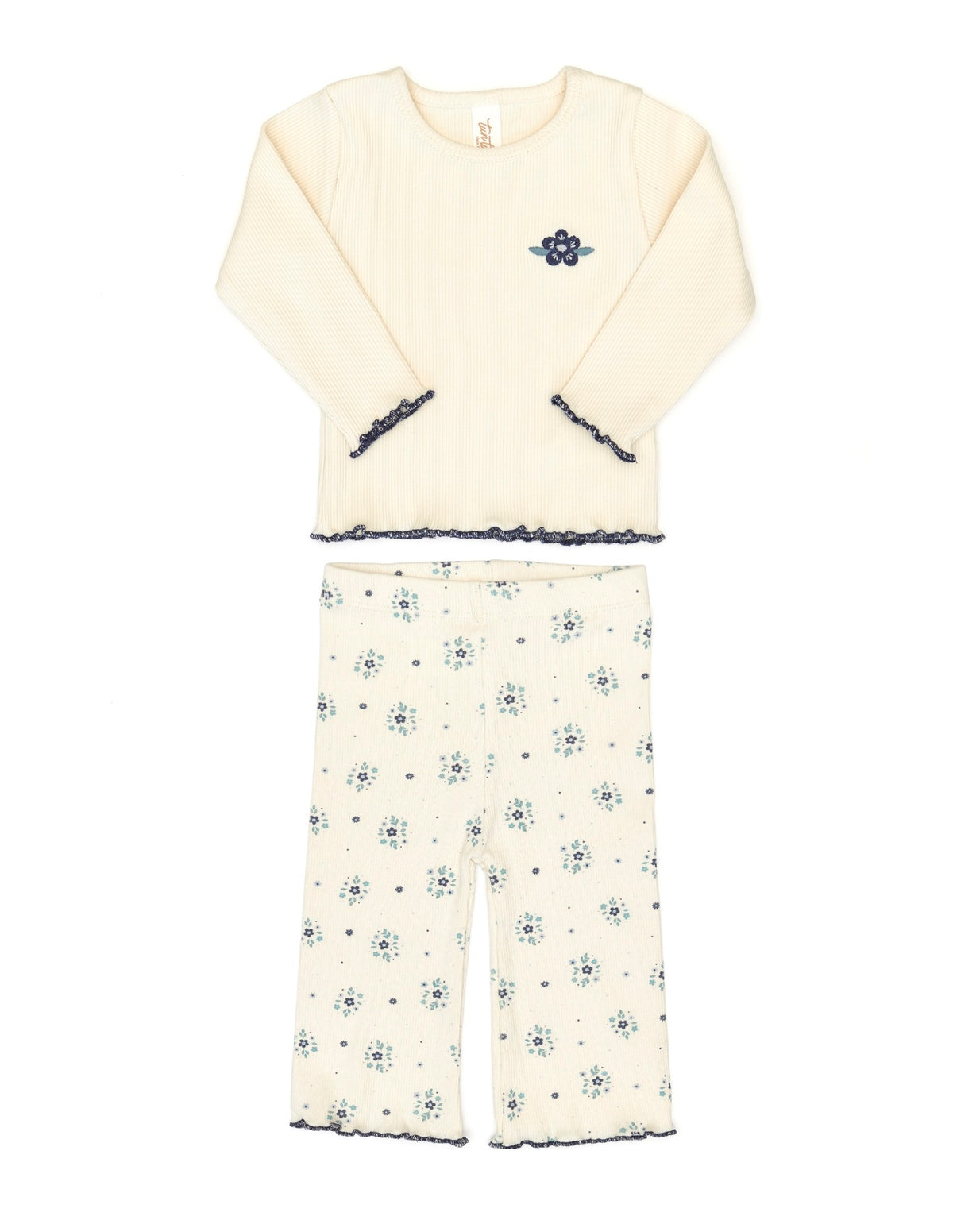 Set 2 pcs Jazmine top White swan & navy blue + Flare ribbed pant White swan navy blue flowers - ribbed cotton