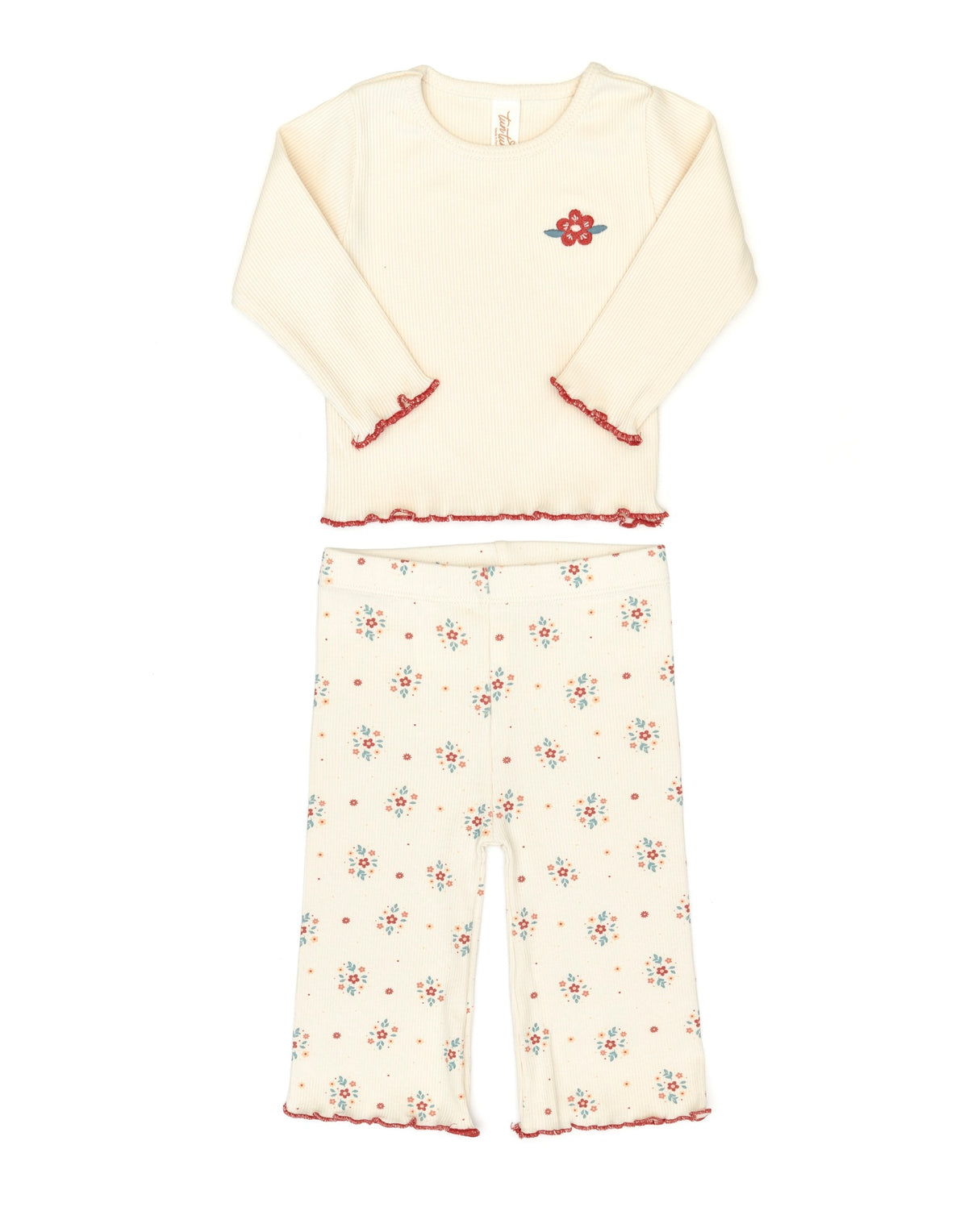 Set 2 pcs Jazmine top White swan & rose red + Flare ribbed pant White swan red flowers - ribbed cotton