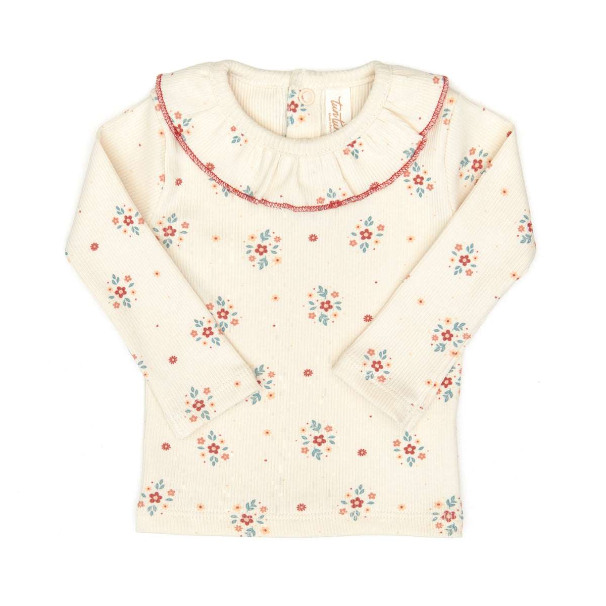 Set 2pcs Ruffle top + Flare ribbed pant White swan red flowers - ribbed cotton