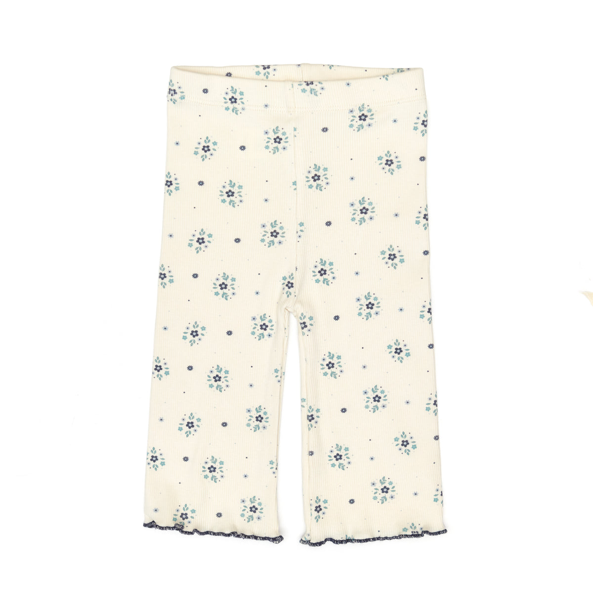Flare ribbed pant White swan navy blue flowers - ribbed cotton