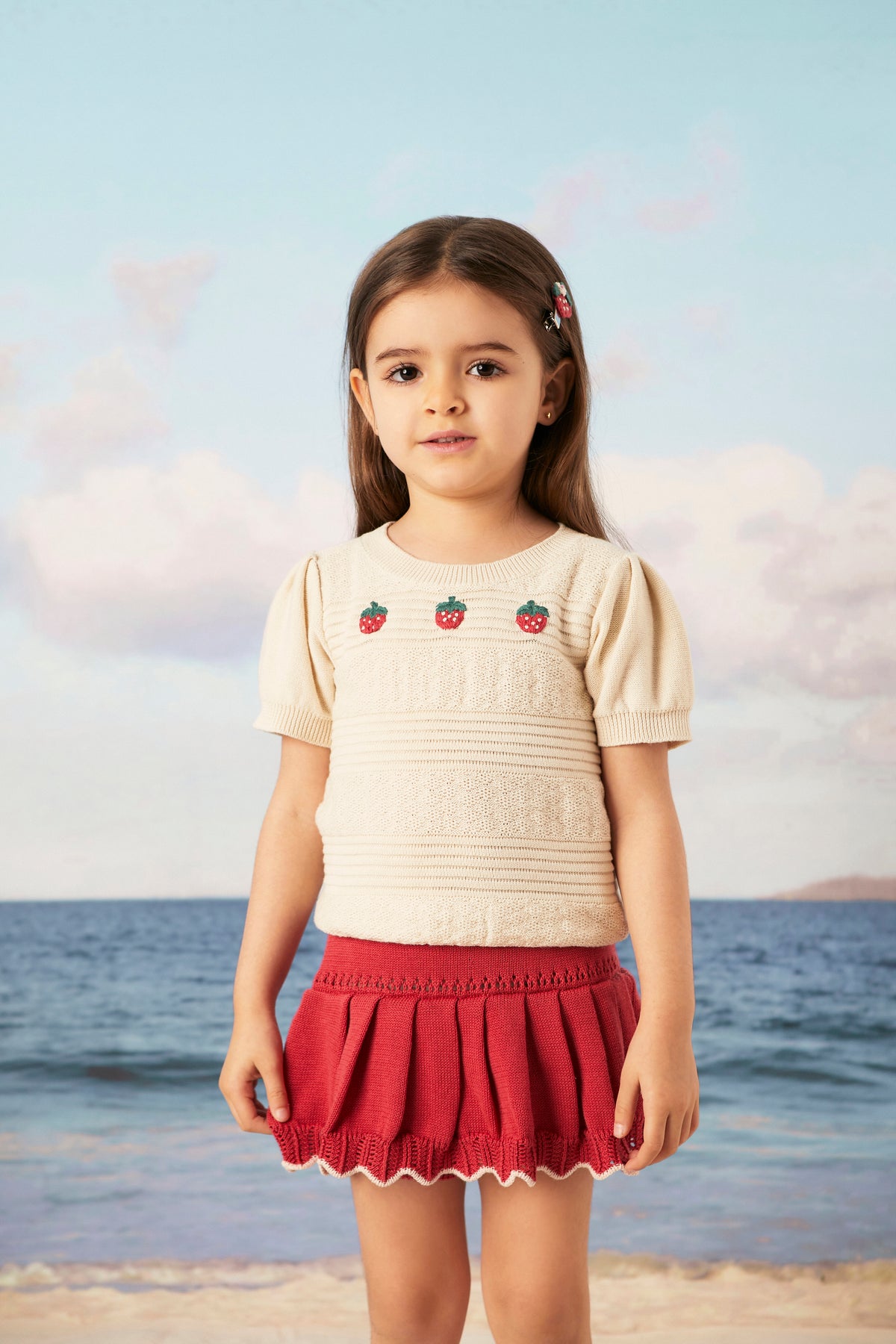 Knitted Set 2pcs Stawberry Top + skirt Natural & rose red - Pima Cotton