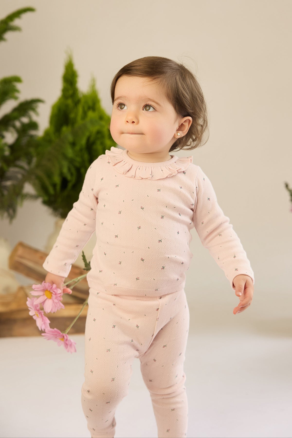 Set Pointelle ruffle top + Pointelle pant - Orchid ice little flowers - cotton