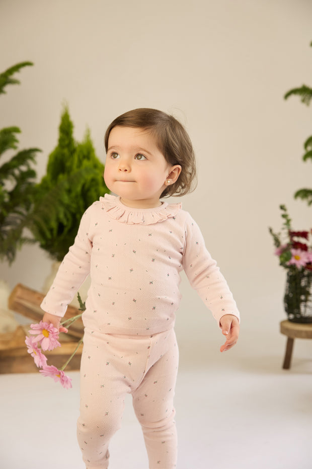 Set Pointelle ruffle top + Pointelle pant - Orchid ice little flowers - cotton