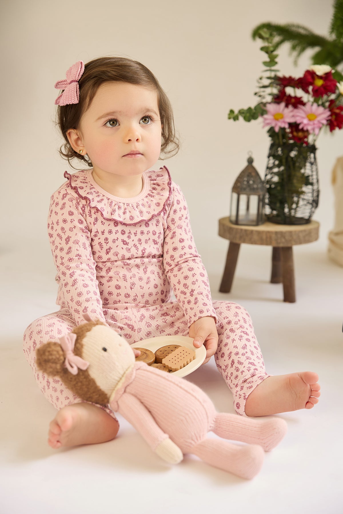 Set Ruffle top + Ribbed pant - Rose flowers - cotton