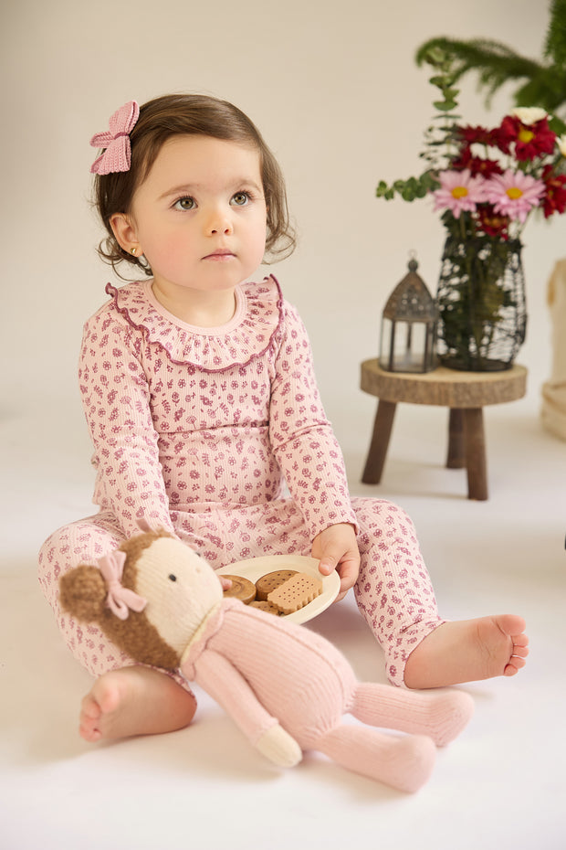 Set Ruffle top + Ribbed pant - Rose flowers - cotton
